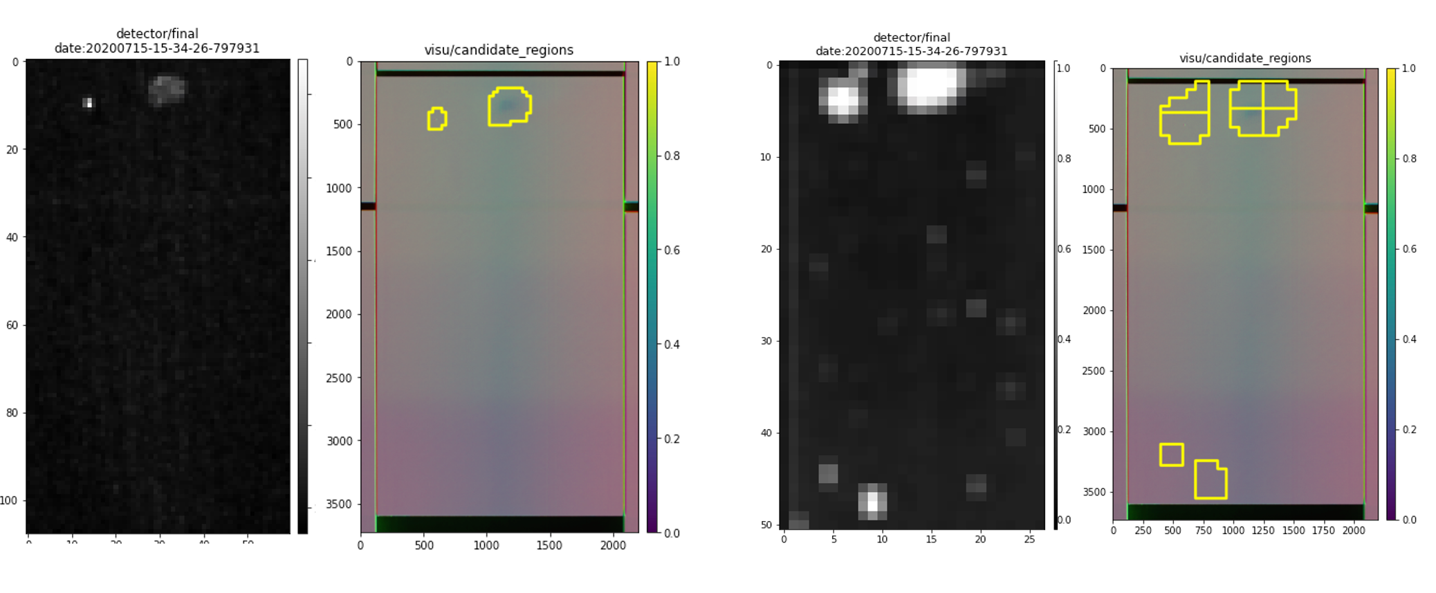 Defect detection comparison: initial candidate search with classic image processing (left) and in the final system using AI (right).